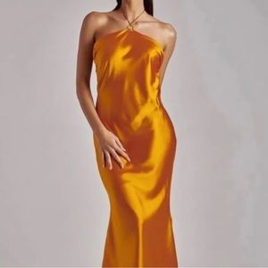 Meshki Ivana Satin Halter Midi Dress-Tangerine